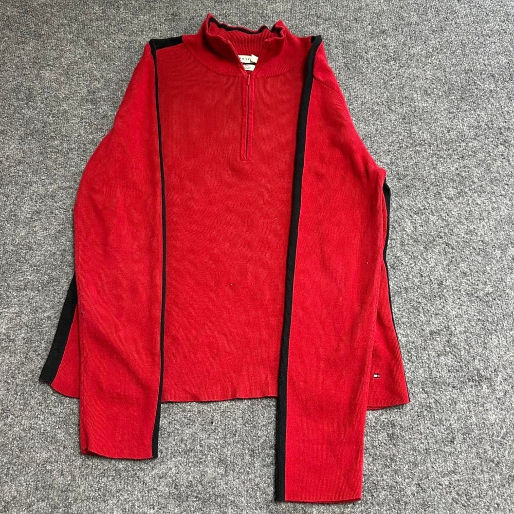 Tommy Hilfiger Sweater Womens XL Red Black Stripe Quarter Zip Cotton Mock Neck